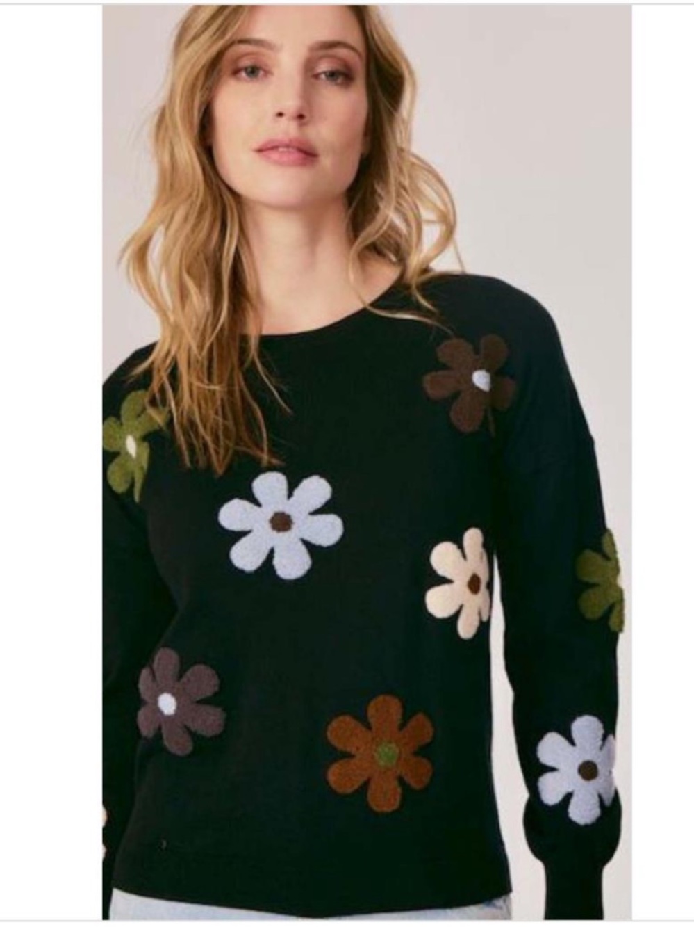Black Crewneck Sweater with Multicolor Floral Appliqués